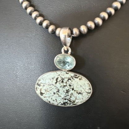 Navajo Dry Creek Turquoise Topaz Pendant Necklace | Sterling Silver | Authentic Native American Handmade | 16315