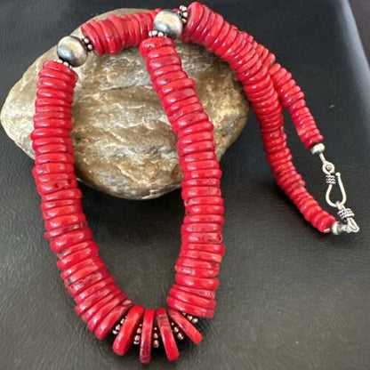 Authentic Native American Red Coral Graduated Navajo Pearls Necklace | Sterling Silver | 18" | 17537