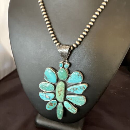 Navajo Blue Kingman Turquoise Cluster Pendant Necklace | Sterling Silver | Native American Handmade | 16797