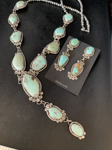 Navajo Blue Turquoise Lariat Necklace Set | Authentic Native American Sterling Silver | 30" | 13834