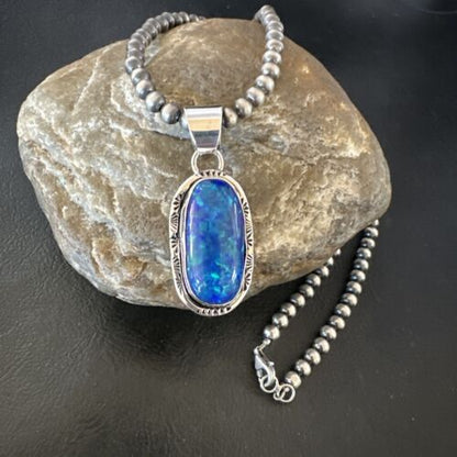 Men's Women's Blue Fire Opal Navajo Pendant | Sterling Silver | Authentic Native American Handmade | 16482