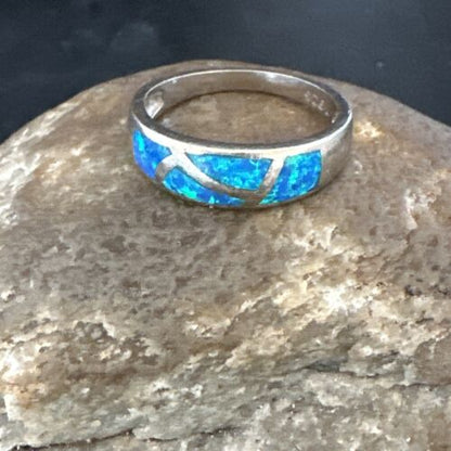 Navajo Blue Opal Inlay Ring | Sterling Silver | Sz 8 | Authentic Native American Handmade | 17155