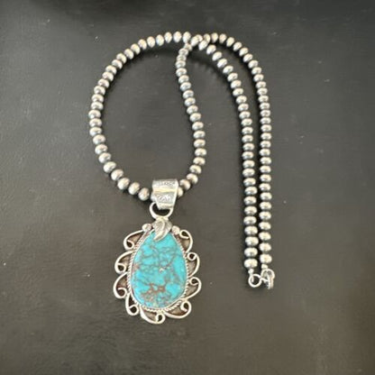 Men's Blue Kingman Turquoise Pendant Necklace | Navajo Pearls | Sterling Silver | 16017