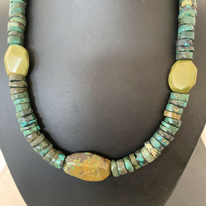 Men's Navajo Green Turquoise Nugget Heishi Bead Necklace | 21" | Sterling Silver | 02144