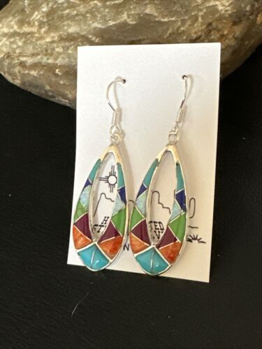 Southwestern Sterling Silver Multi-Color Turquoise Lapis Inlay Earrings | Authentic Native American Handmade | 14938 - Masha USA