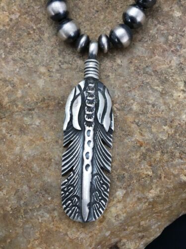 Navajo Pearls Feather Pendant Necklace | Sterling Silver | 16" | Authentic Native American Handmade | 17533