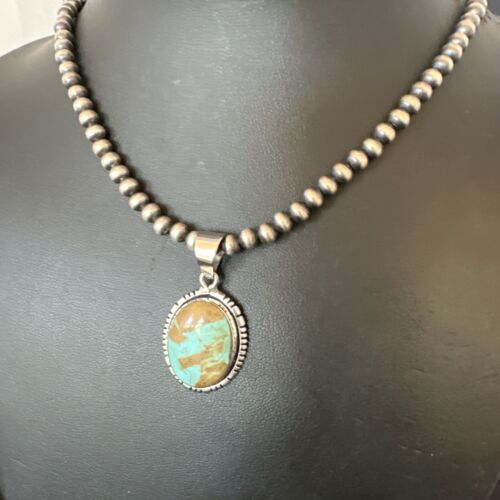 Navajo Blue Turquoise #8 Pendant | Sterling Silver Necklace with Pearls | Authentic Native American Handmade | 16353 - Masha USA