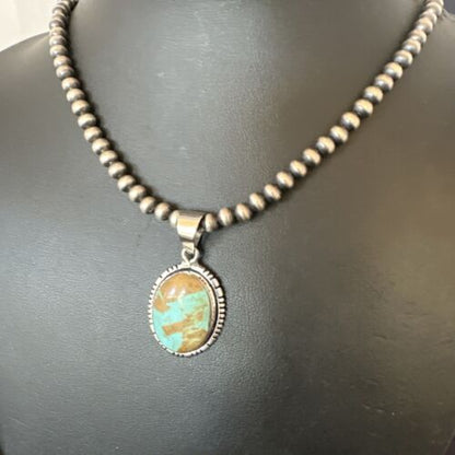 Navajo Blue Turquoise #8 Pendant | Sterling Silver Necklace with Pearls | Authentic Native American Handmade | 16353 - Masha USA