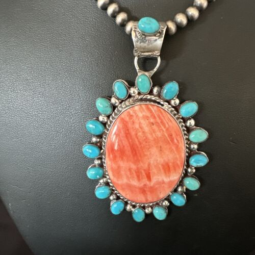 Navajo Kingman Turquoise & Red Spiny Oyster Pendant Necklace | Sterling Silver | 16014