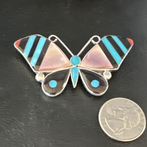 Zuni Butterfly Turquoise Mother of Pearl Onyx Inlay Pin Pendant | Sterling Silver | 15151