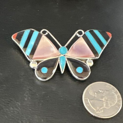 Zuni Butterfly Turquoise Mother of Pearl Onyx Inlay Pin Pendant | Sterling Silver | 15151