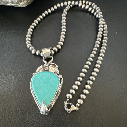Navajo Blue Turquoise Pendant Necklace | Sterling Silver Pearls | Authentic Native American Handmade | 15648
