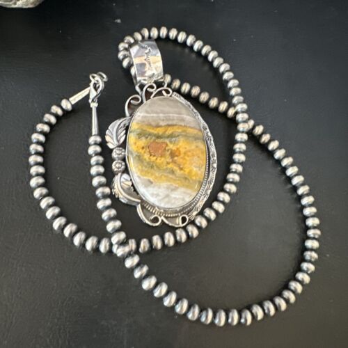 Navajo Bumblebee Jasper Pendant Necklace | Sterling Silver | Authentic Native American Handmade | 14983