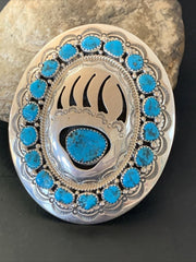 Bearpaw Navajo Blue Kingman Turquoise Concho Belt Buckle | Sterling Silver | Authentic Native American Handmade | 2082