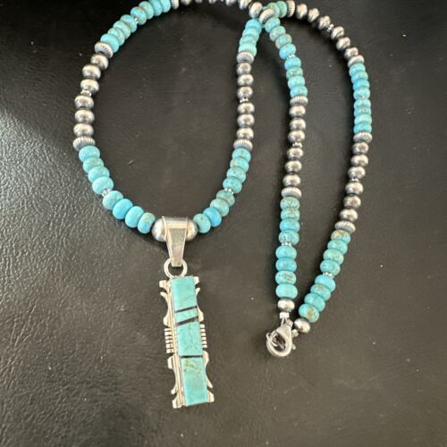 Men's and Women's Turquoise #8 Inlay Pendant Necklace | Navajo Sterling Silver | Authentic Native American Handmade | 17074