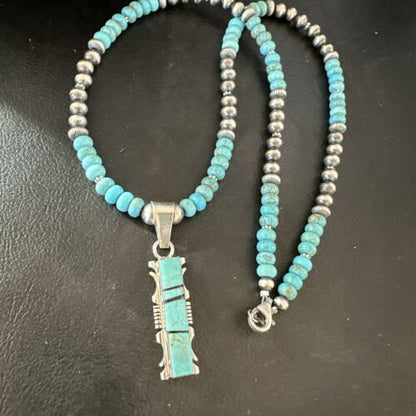 Men's and Women's Turquoise #8 Inlay Pendant Necklace | Navajo Sterling Silver | Authentic Native American Handmade | 17074