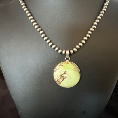 Navajo Green Gaspeite Pendant Necklace | Sterling Silver | Authentic Native American Handmade | 15492