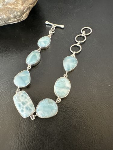 Navajo Blue Larimar Bracelet | Sterling Silver 7 Link | 8" | Authentic Native American Handmade | 16086