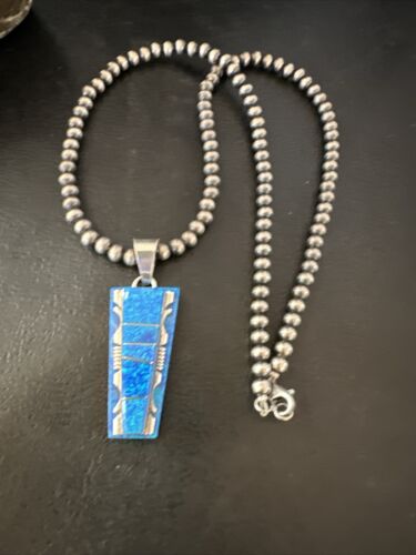 Navajo Blue Opal Inlay Pendant | Sterling Silver Necklace with Pearls | Authentic Native American Handmade | 16905