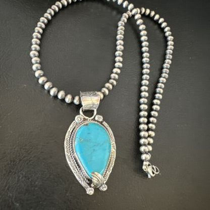 Navajo Blue Turquoise Pendant Necklace | Sterling Silver Pearls | Authentic Native American Handmade | 15645