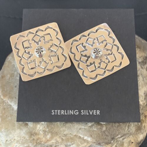 Navajo Stamped Square Earrings | Sterling Silver | Authentic Native American Handmade | 1198