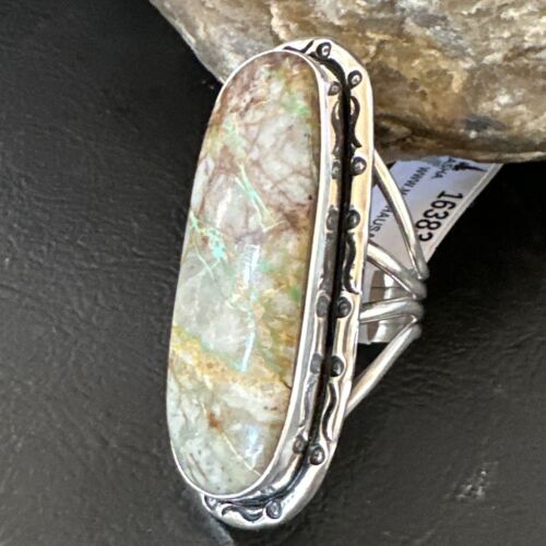 Navajo Ribbon Boulder Green Turquoise Ring | Sterling Silver | Sz 8 | Authentic Native American Handmade | 16383