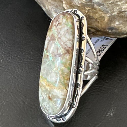 Navajo Ribbon Boulder Green Turquoise Ring | Sterling Silver | Sz 8 | Authentic Native American Handmade | 16383