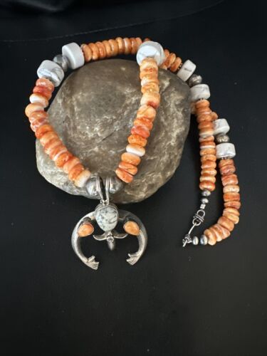 Navajo White Buffalo Turquoise Spiny Naja Pendant Necklace | Sterling Silver | 23" | 14929