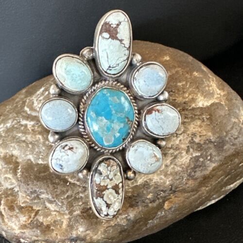 Navajo Golden Hills Turquoise Cluster Ring | Authentic Native American Sterling Silver | Multi-Stone | Sz 8.5 | 16285