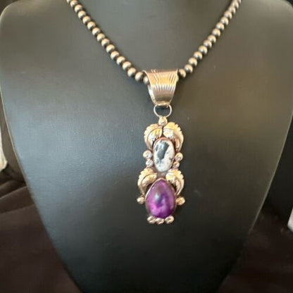 White Buffalo Turquoise & Sugilite Pendant | Navajo Pearls | Sterling Silver | Native American Handmade | 16870