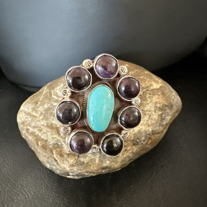 Navajo Cluster Blue Kingman Turquoise Sugilite Ring | Authentic Native American Sterling Silver | Multi-Stone | Sz 8 | 16774