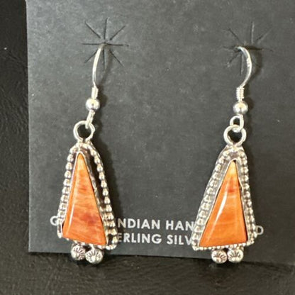Navajo Orange Spiny Oyster Dangle Earrings | Sterling Silver | Authentic Native American Handmade | 17275