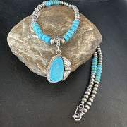 Navajo Blue Turquoise Pendant with Pearls | Sterling Silver Necklace | Authentic Native American Handmade | 15418