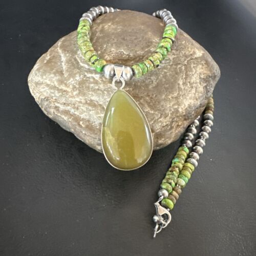 Navajo Green Turquoise Pendant with Pearls | Sterling Silver Necklace | Authentic Native American Handmade | 16917