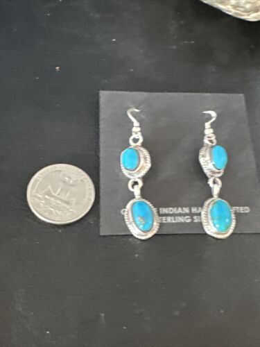 Kingman Turquoise Dangle Earrings | Navajo Sterling Silver | Authentic Native American Handmade | 14863