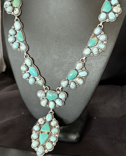 Navajo Blue Golden Hills Turquoise Lariat Necklace Pendant | 30" | Authentic Native American Handmade | 16189