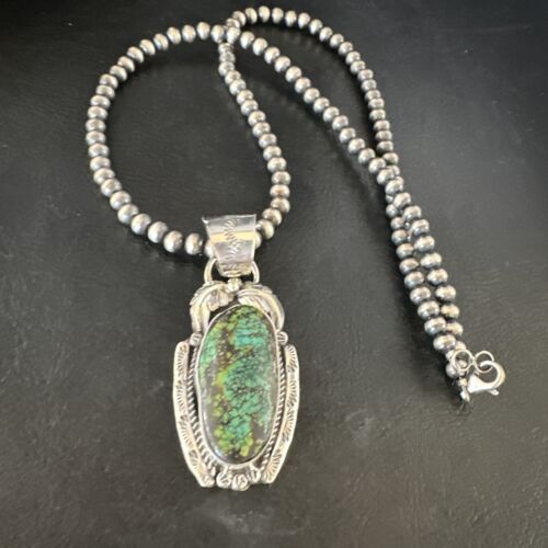 Navajo Blue Spiderweb Turquoise Pendant Necklace | Sterling Silver Pearls | Authentic Native American Handmade | 15094