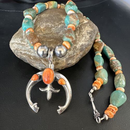 Navajo Men's Green Turquoise Spiny Oyster Naja Pendant Necklace | Sterling Silver | 22" | Authentic Native American Handmade | 15224