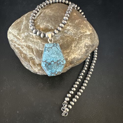 Men's Spiderweb Turquoise Pendant | Navajo Pearls Sterling Silver Necklace | Authentic Native American | 15532