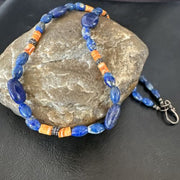 Men's Lapis & Orange Spiny Oyster Navajo Pearls Sterling Silver Necklace 18" | Handmade 17501