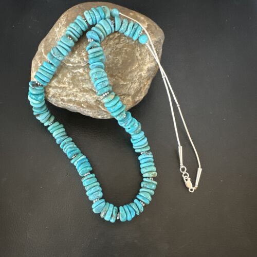 Men's Navajo Blue Turquoise Heishi Necklace | Sterling Silver | 24" | Authentic Native American Handmade | 15767