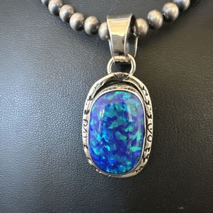 Men's Women's Blue Fire Opal Pendant | Navajo Sterling Silver | Authentic Native American Handmade | 16483