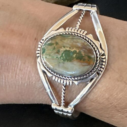 Navajo Green Boulder Turquoise Cuff Bracelet | Sterling Silver | Authentic Native American Handmade | 16245