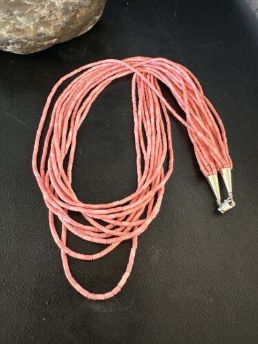 Pink Conch Tube Heishi Bead Necklace | 10 Strand Navajo Sterling Silver | 19" | 15086