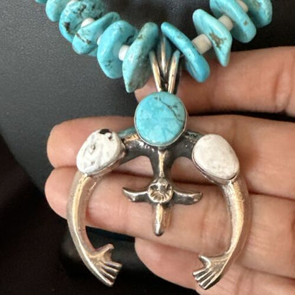Navajo White Buffalo Blue Turquoise Naja Pendant | Sterling Silver Necklace | Authentic Native American Handmade | 15026