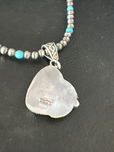 Navajo Pearls Kingman Turquoise Pendant Necklace | Sterling Silver | Authentic Native American Handmade | 14889