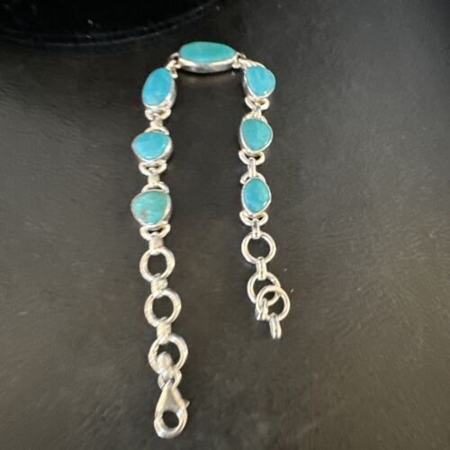 Navajo Blue Turquoise Link Bracelet | Sterling Silver | 8" | Authentic Native American Handmade | 15476 - Masha USA