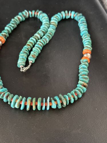 Navajo Blue Turquoise & Spiny Oyster Graduated Necklace | Sterling Silver | Authentic Native American | 28" | 14887