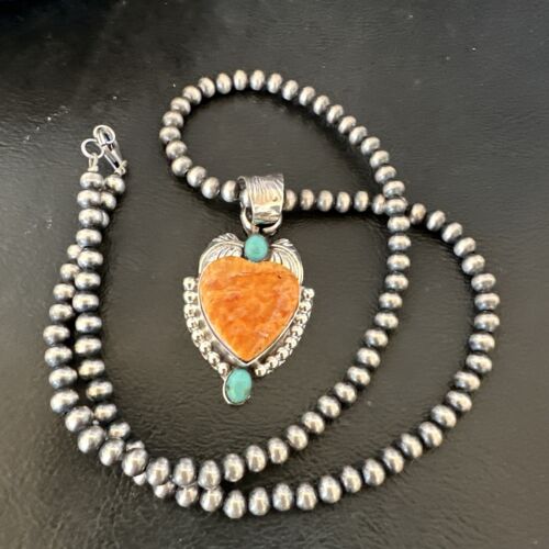 Navajo Spiny Oyster Heart | Turquoise Pendant Necklace | Sterling Silver | Authentic Native American Handmade | 16457
