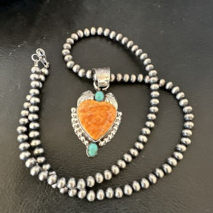 Navajo Spiny Oyster Heart | Turquoise Pendant Necklace | Sterling Silver | Authentic Native American Handmade | 16457